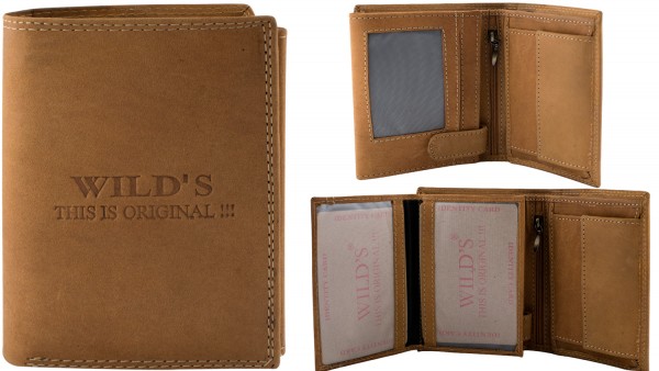 Herren Geldbörse Leder Wild W02 Hellbraun Hochformat Geldbeutel Portemonnaie Brieftasche